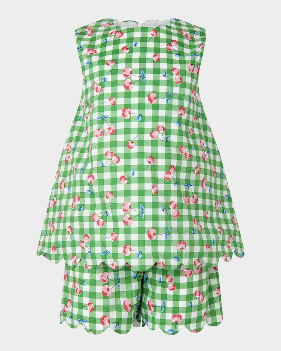 Girl's Gingham Cherry-Print Scalloped Top & Short Set, Size 2-10